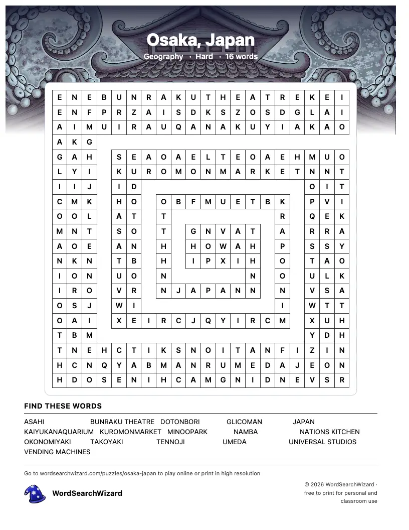 Osaka, Japan word search printable sheet, 16 words to find