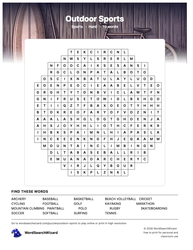 Outdoor Sports word search printable sheet, 19 words to find