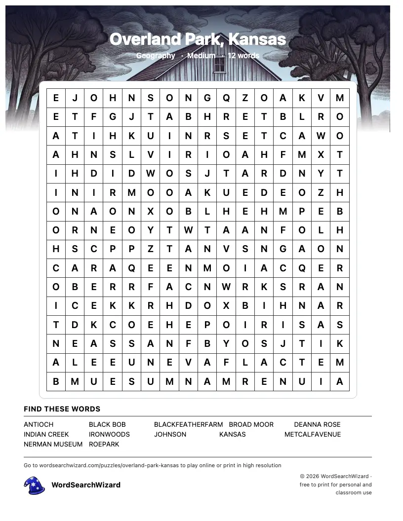 Overland Park, Kansas word search printable sheet, 12 words to find