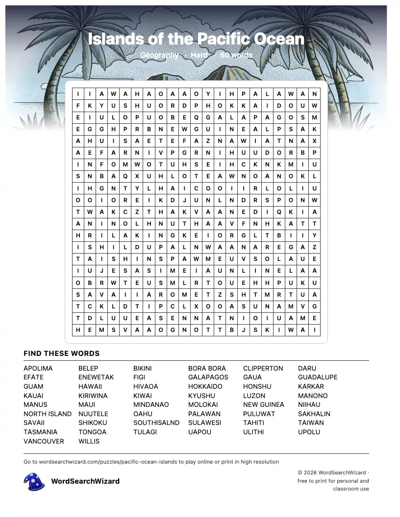 Islands of the Pacific Ocean word search printable sheet, 50 words to find