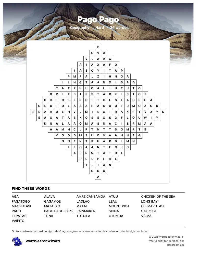 Pago Pago word search printable sheet, 26 words to find