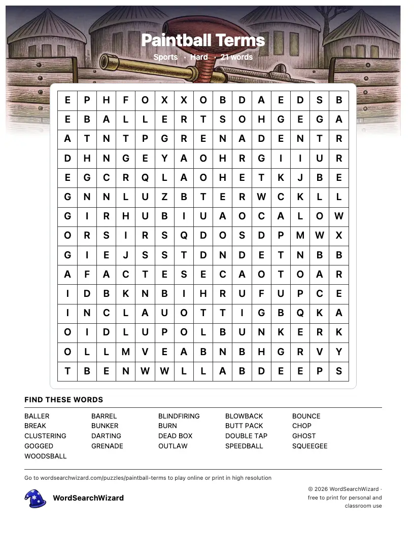Paintball Terms word search printable sheet, 21 words to find