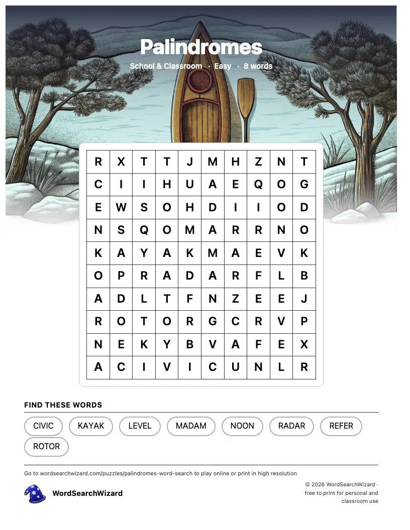 Palindromes word search printable sheet, 8 words to find