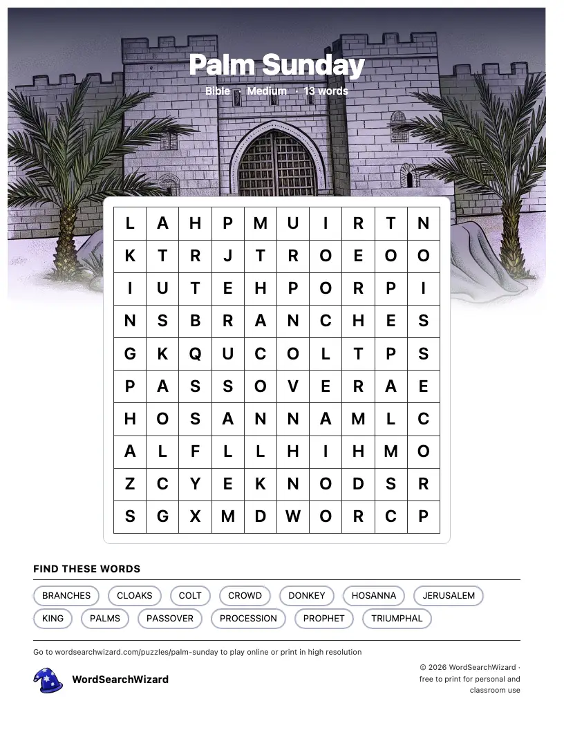 Palm Sunday word search printable sheet, 13 words to find