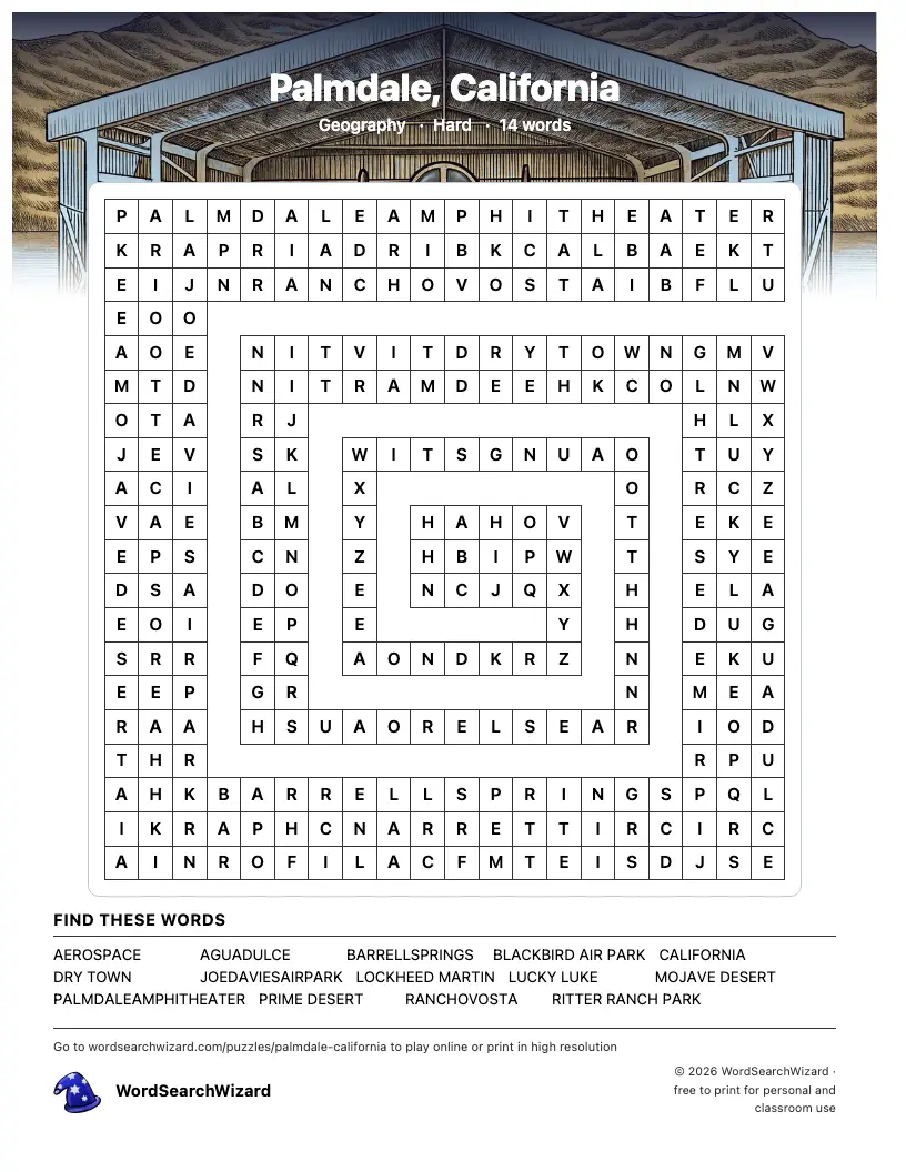 Palmdale, California word search printable sheet, 14 words to find