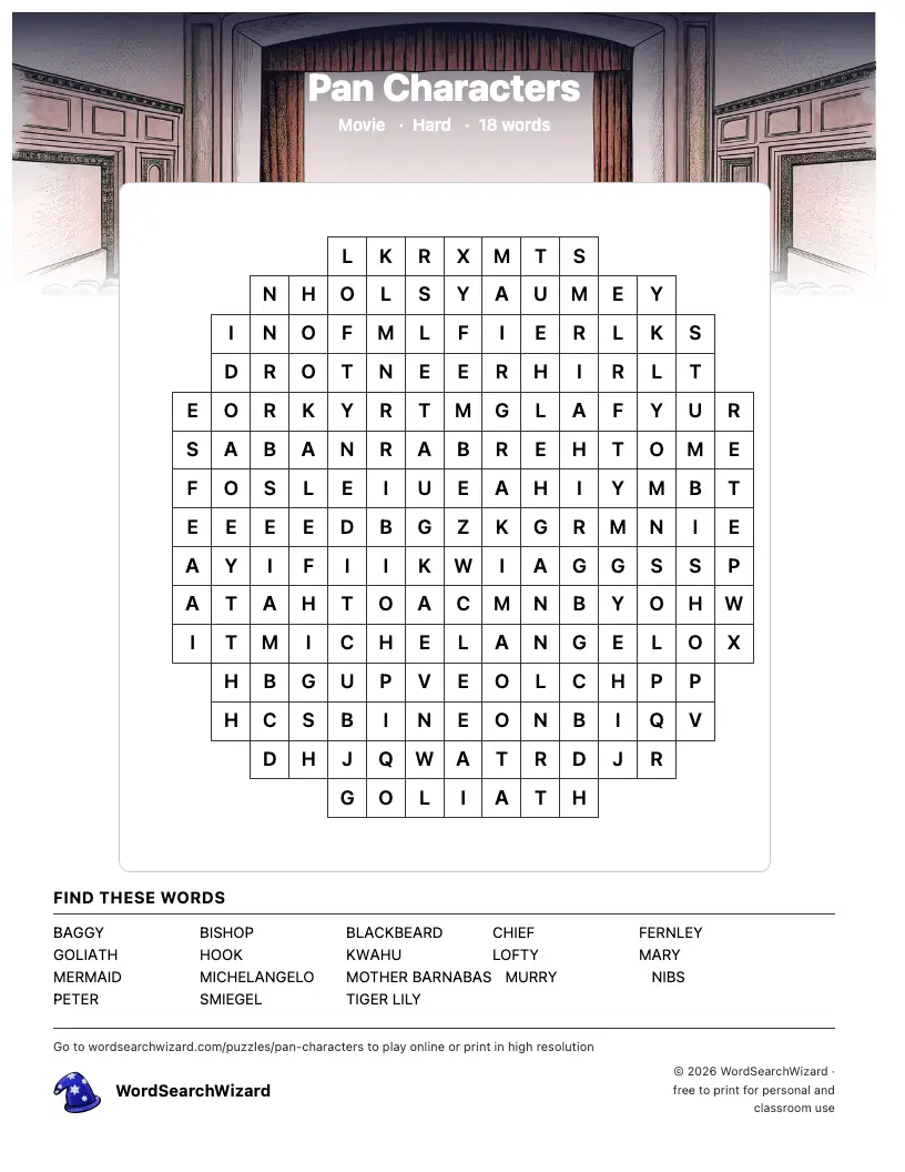 Pan Characters word search printable sheet, 18 words to find