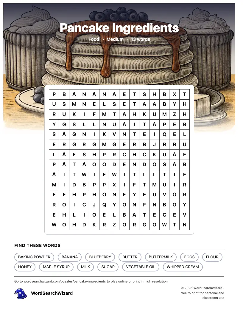 Pancake Ingredients word search printable sheet, 13 words to find
