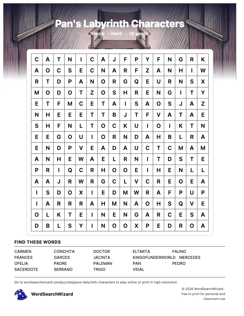 Pan's Labyrinth Characters word search printable sheet, 19 words to find