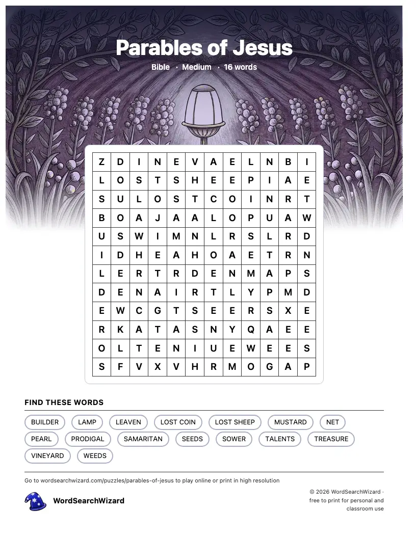 Parables of Jesus word search printable sheet, 16 words to find