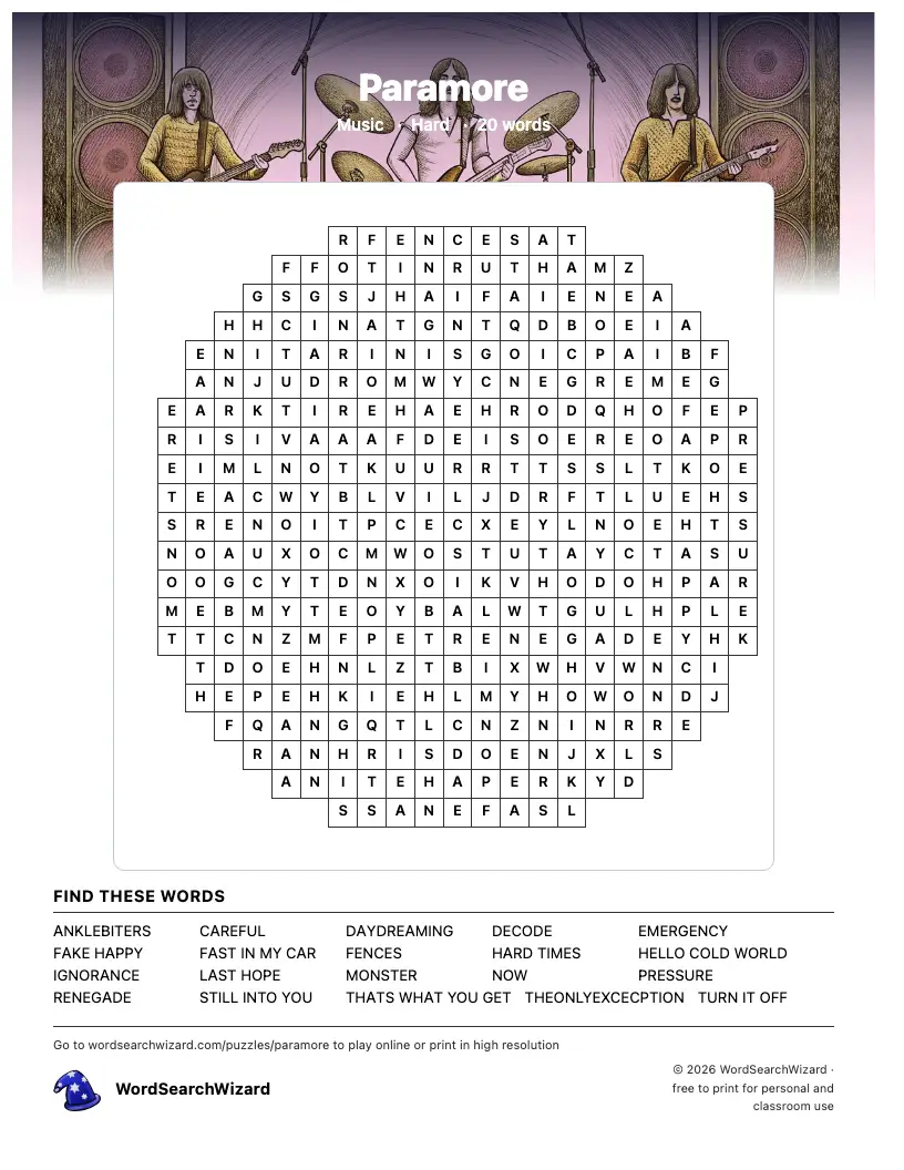 Paramore word search printable sheet, 20 words to find