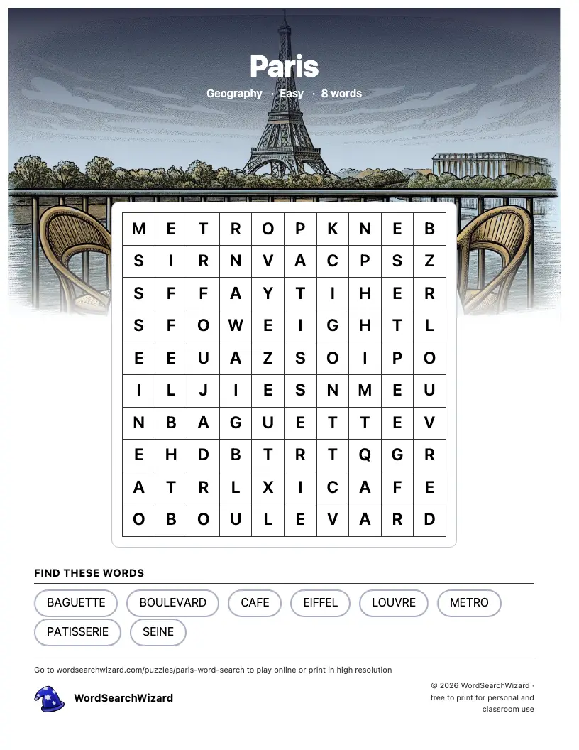 Paris word search printable sheet, 8 words to find
