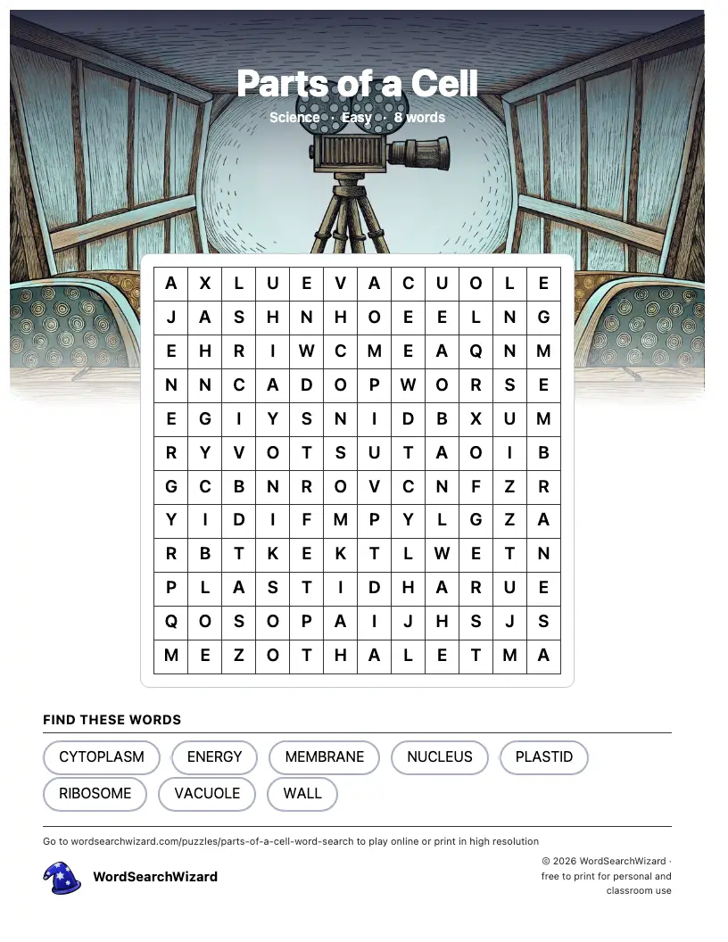 Parts of a Cell word search printable sheet, 8 words to find