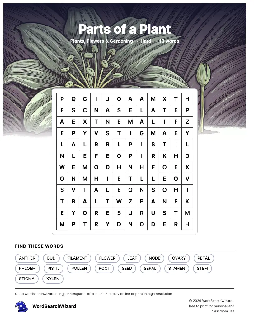 Parts of a Plant word search printable sheet, 18 words to find
