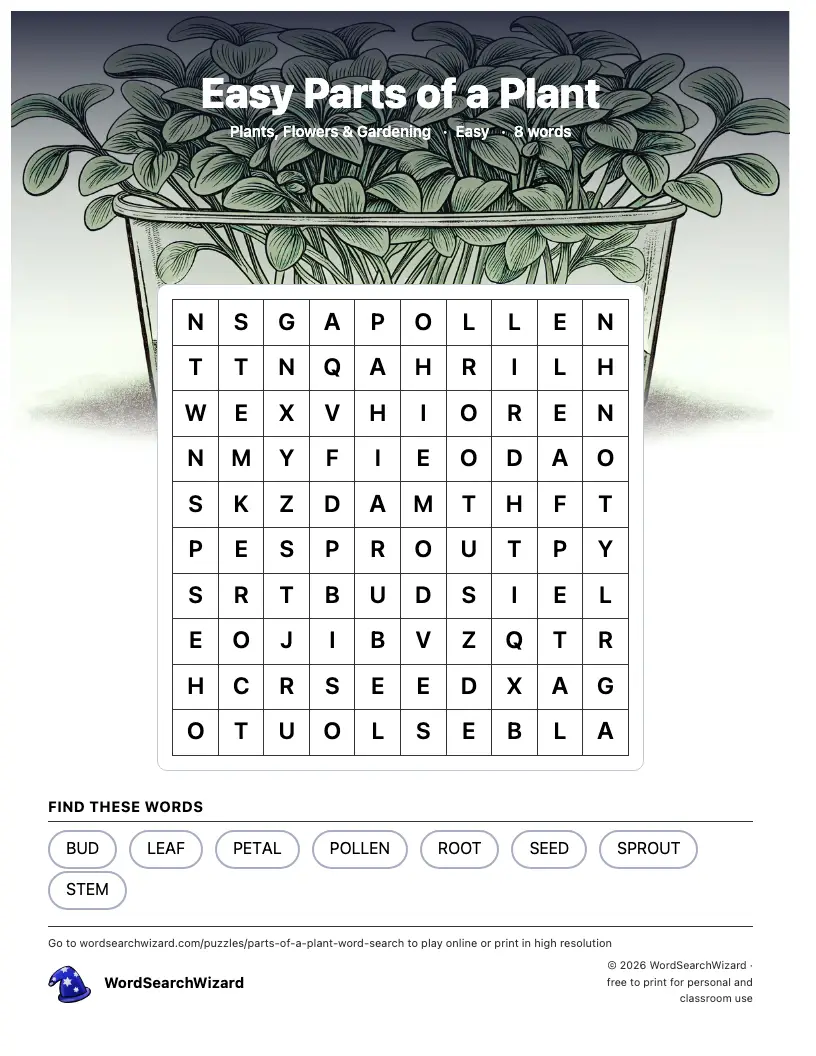 Easy Parts of a Plant word search printable sheet, 8 words to find