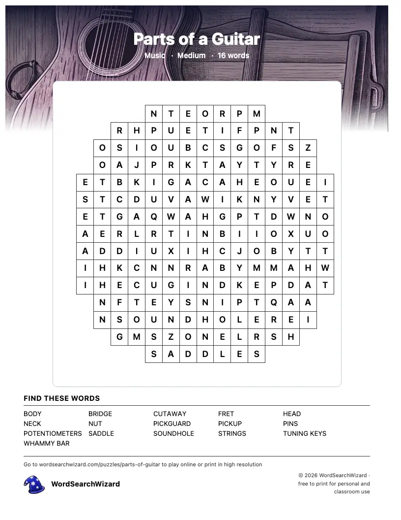 Parts of a Guitar word search printable sheet, 16 words to find