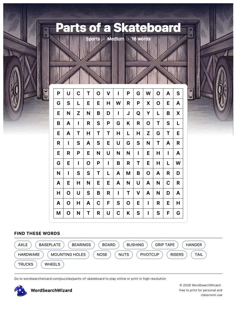 Parts of a Skateboard word search printable sheet, 16 words to find