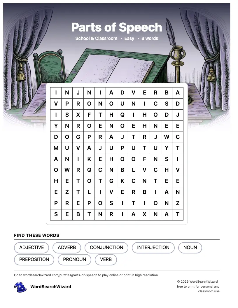 Parts of Speech word search printable sheet, 8 words to find