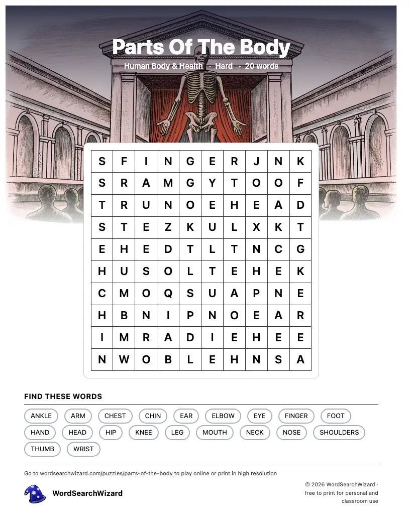 Parts Of The Body word search printable sheet, 20 words to find