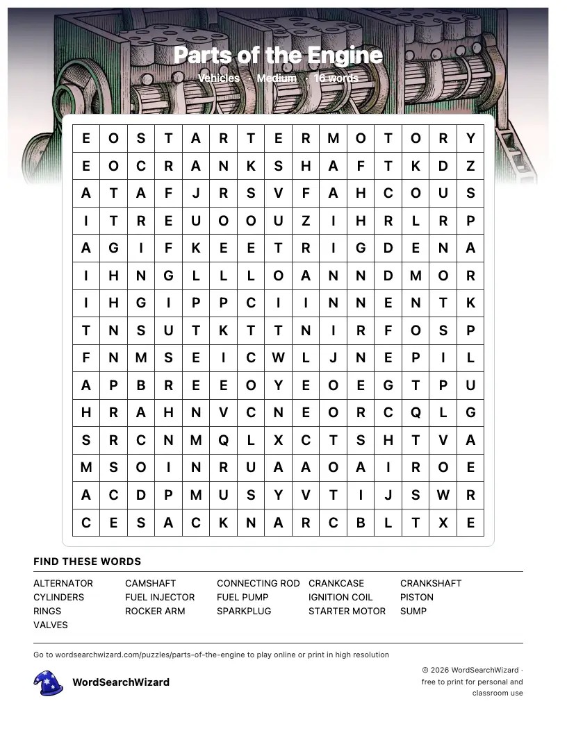 Parts of the Engine word search printable sheet, 16 words to find