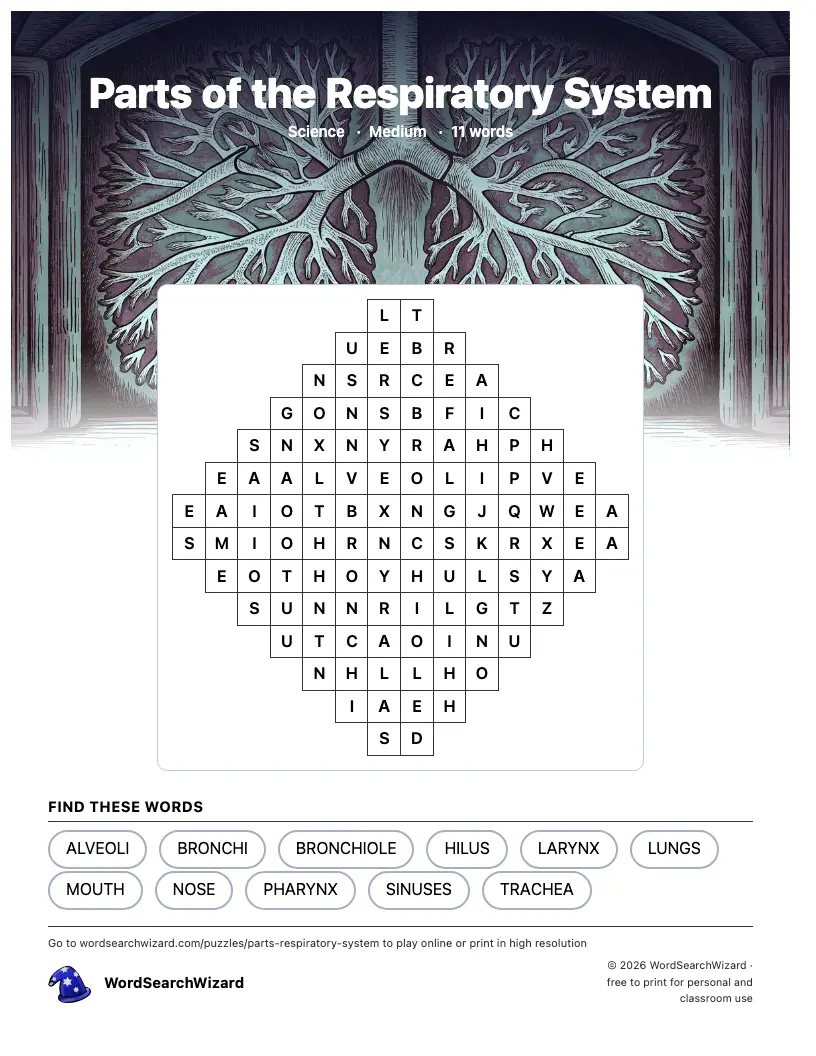 Parts of the Respiratory System word search printable sheet, 11 words to find