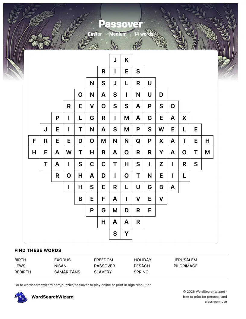 Passover word search printable sheet, 14 words to find