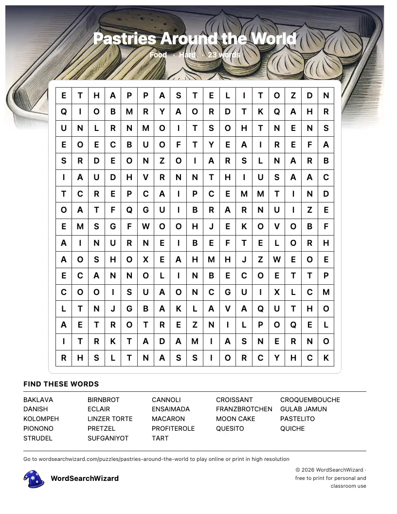 Pastries Around the World word search printable sheet, 23 words to find