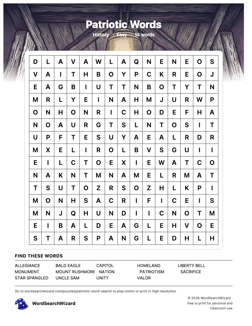 Patriotic Words word search printable sheet, 14 words to find