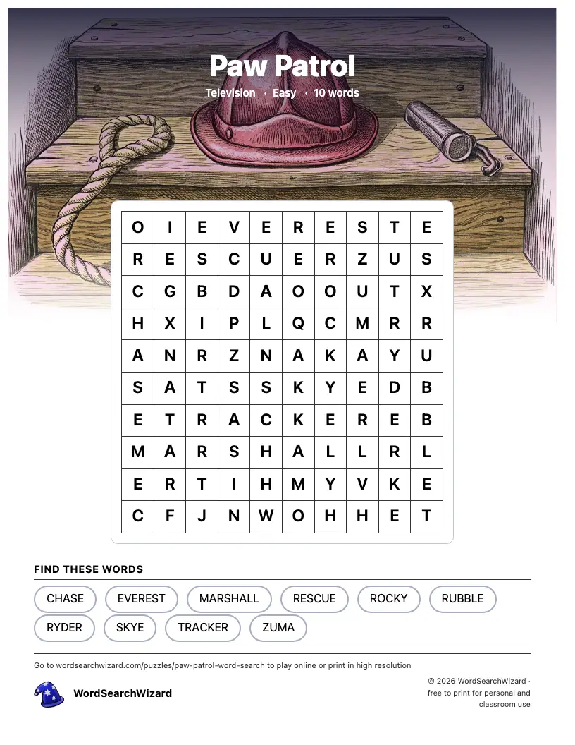 Paw Patrol word search printable sheet, 10 words to find