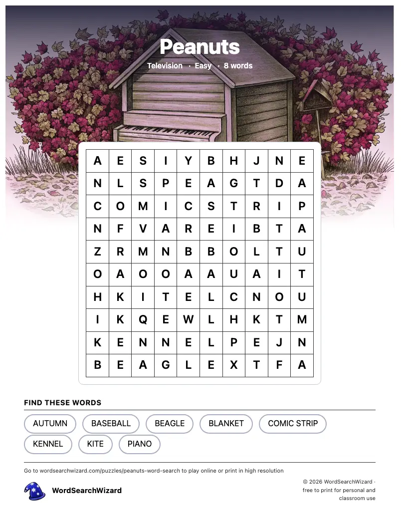 Peanuts word search printable sheet, 8 words to find