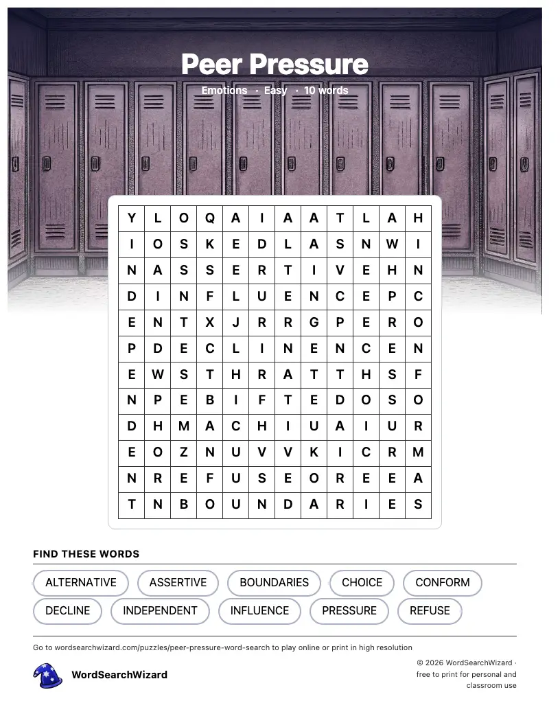Peer Pressure word search printable sheet, 10 words to find