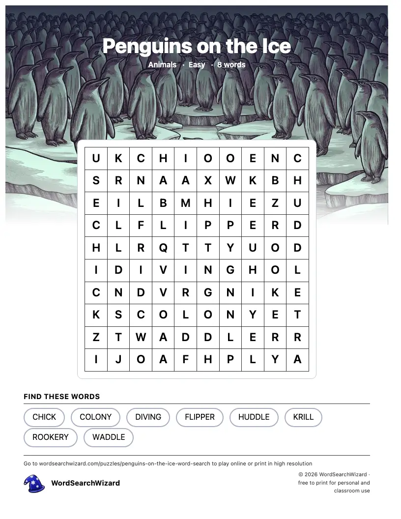 Penguins on the Ice word search printable sheet, 8 words to find