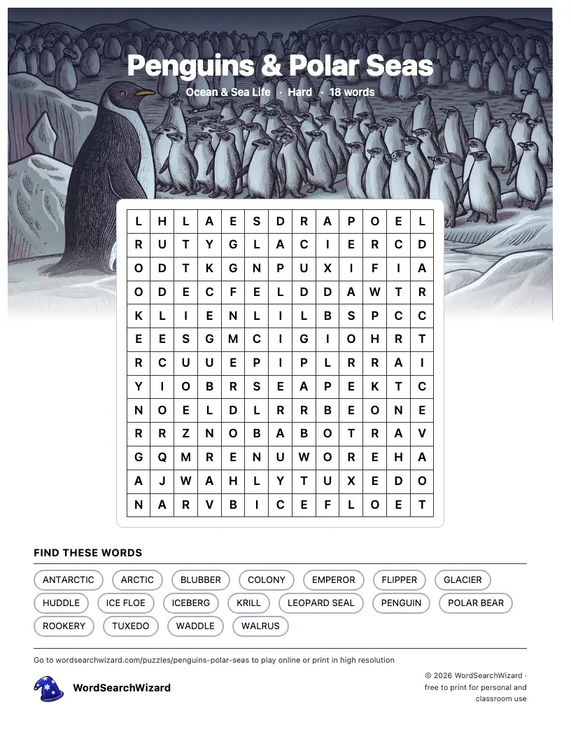 Penguins & Polar Seas word search printable sheet, 18 words to find