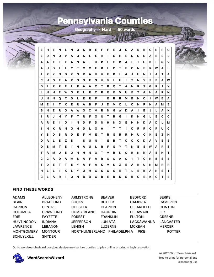 Pennsylvania Counties word search printable sheet, 50 words to find