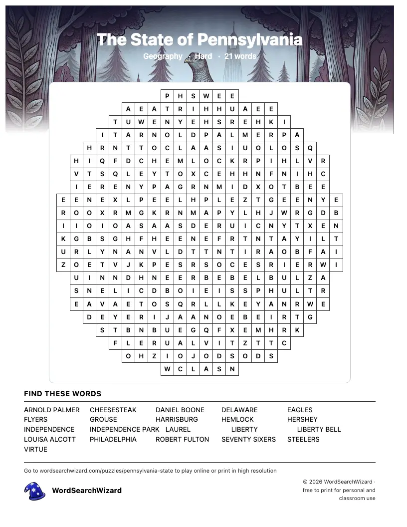 The State of Pennsylvania word search printable sheet, 21 words to find