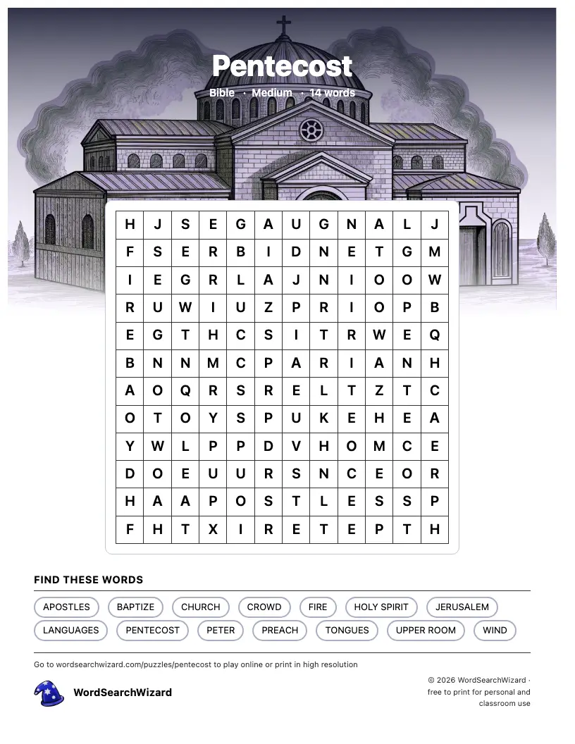 Pentecost word search printable sheet, 14 words to find