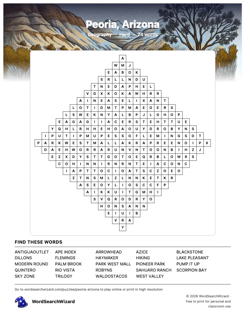 Peoria, Arizona word search printable sheet, 24 words to find