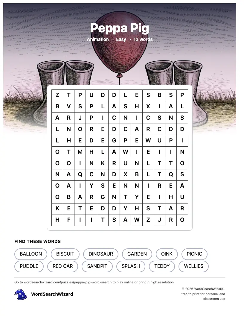 Peppa Pig word search printable sheet, 12 words to find
