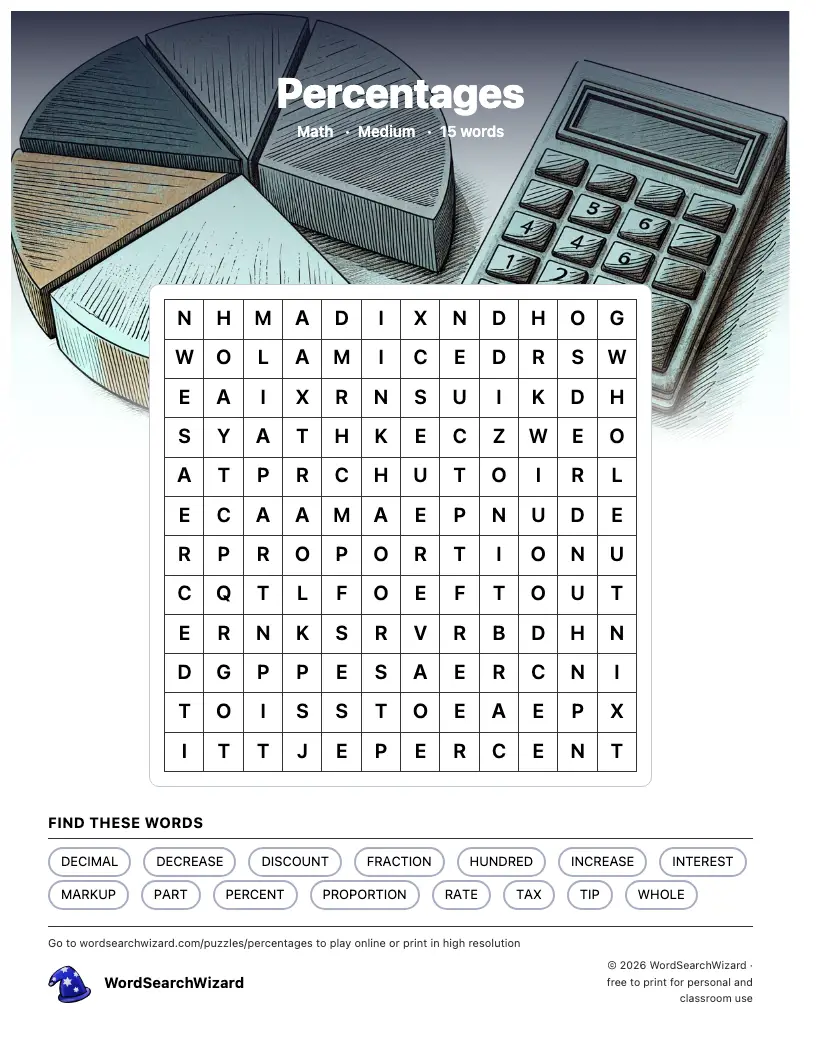 Percentages word search printable sheet, 15 words to find