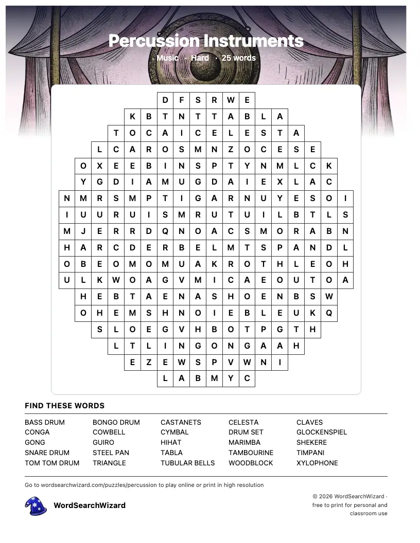 Percussion Instruments word search printable sheet, 25 words to find