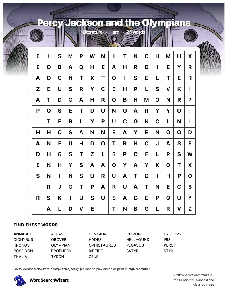 Percy Jackson and the Olympians word search printable sheet, 23 words to find