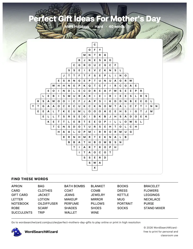 Perfect Gift Ideas For Mother's Day word search printable sheet, 40 words to find