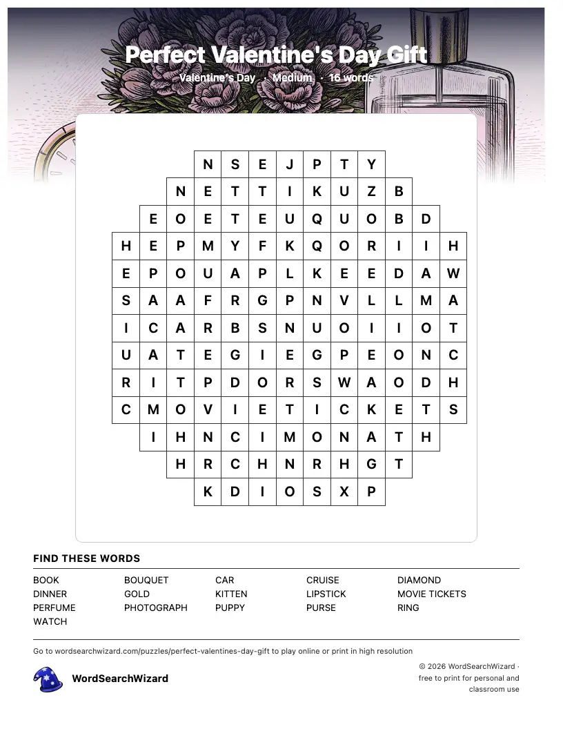 Perfect Valentine's Day Gift word search printable sheet, 16 words to find