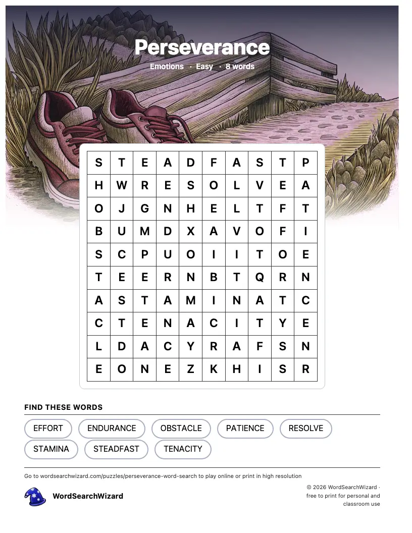 Perseverance word search printable sheet, 8 words to find