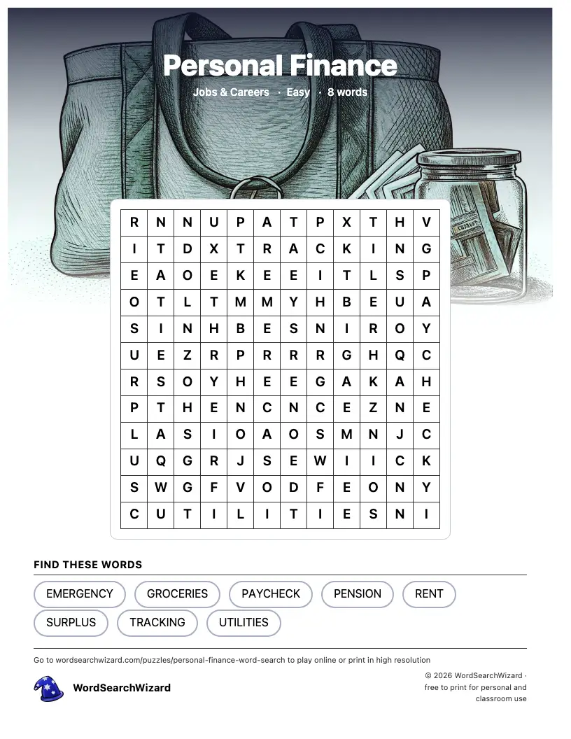 Personal Finance word search printable sheet, 8 words to find