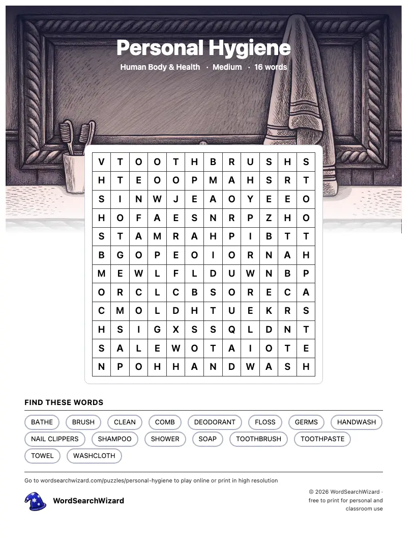 Personal Hygiene word search printable sheet, 16 words to find