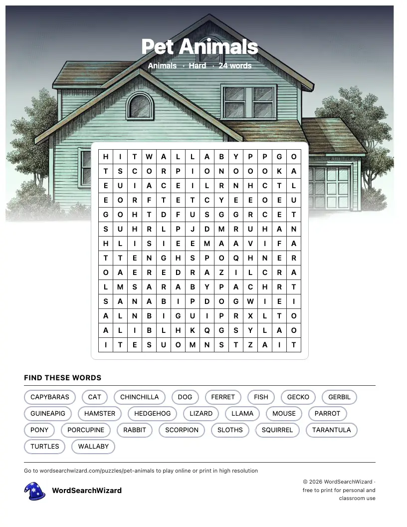 Pet Animals word search printable sheet, 24 words to find