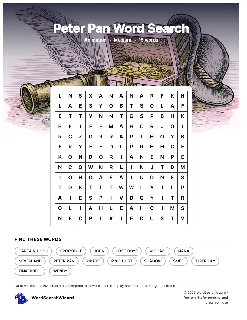 Peter Pan word search printable sheet, 15 words to find