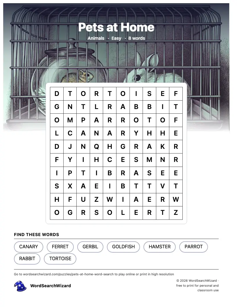 Pets at Home word search printable sheet, 8 words to find