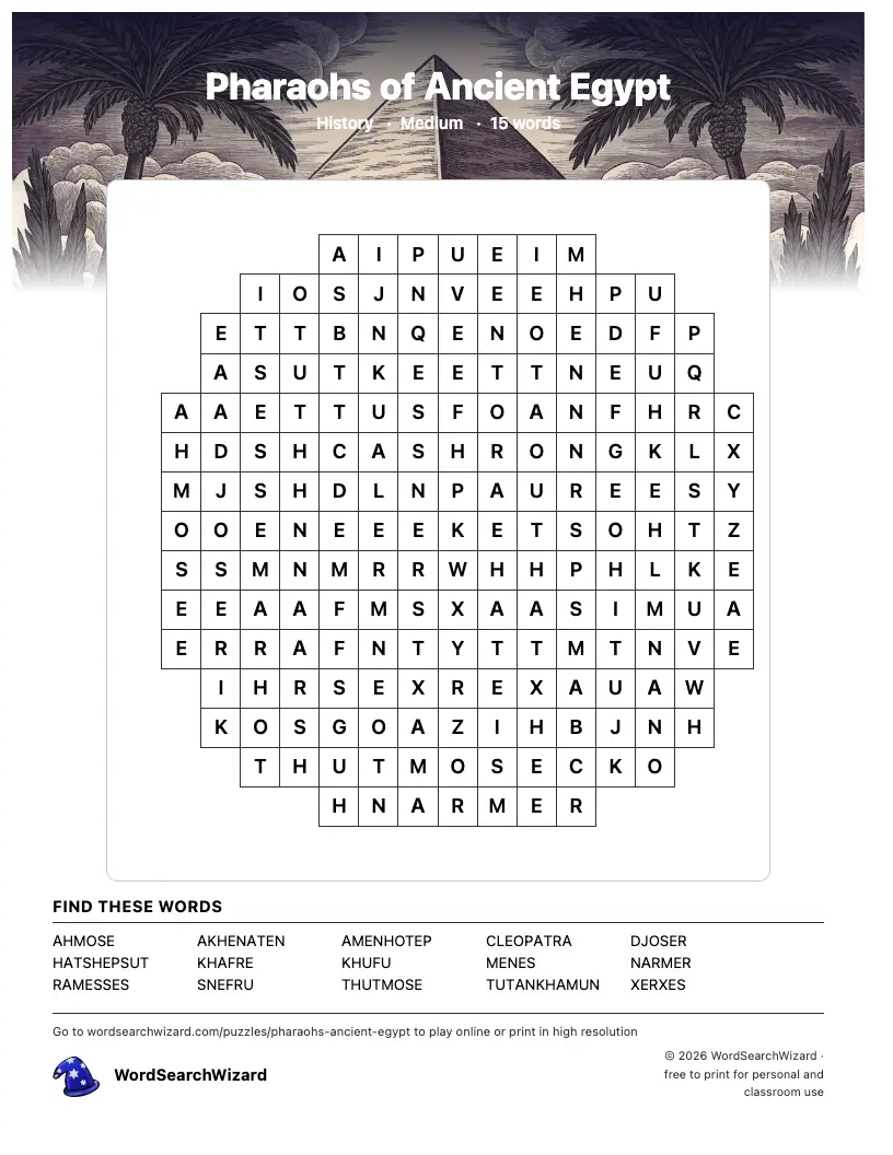 Pharaohs of Ancient Egypt word search printable sheet, 15 words to find