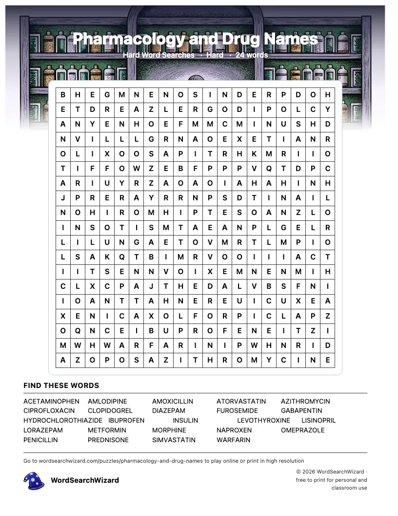 Pharmacology and Drug Names word search printable sheet, 24 words to find
